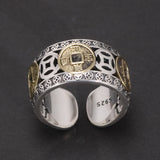 Real 925 Sterling Silver Men and Women's Five-emperor Coin Hollow-out Ring Adjustable Exquisite Vintage Good Lucky Jewelry