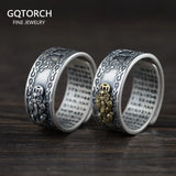 Pure SilverS990 Vintage Heart Sutra Scripture Ring for Women Opening Adjustable Pixiu Silver Hand Jewelry