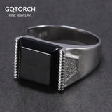 Solid Silver 925 Mens Rings Minimalist Turkish Rings For Men Black Square Natural Stone Turkey Male Jewelry Bague Homme