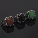 Solid S925 Silver Vintage Natural Stone Signet Ring Red Black Agate Green Jade Flower Engraved Fashion Turkish Wedding Jewelry