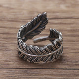 925 Sterling Silver Feather Open Finger Ring for Women Men Adjustable Minimalist Retro Leaf Shaped Fashion Jewelry