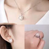 925 Sterling Silver Natural Pearl Women's Jewelry Set Elegant and Beautiful Pure Silver Earrings and Pendant Necklace Rings