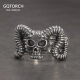 Vintage 925 Sterling Silver Skull Rings For Men Retro Punk Rock Demon Head Trident Engraving Motorcycle Biker Ring