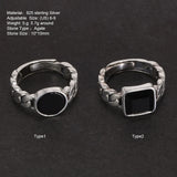 Genuine 925 Sterling Silver Chain Rings With Black Agate Inlaid Adjustable Size Natural Stone Ring Fine Jewelry