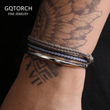 3pcs/set 925 Sterling Silver Twisted Bangle Bracelet for Men Black Grey Woven Rope Wristband Simple Retro Party Jewelry Gift