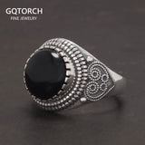 925 Sterling Silver Black Stone Agate Signet Ring for Men and Women Heart Pattern Vintage Turkish Rings Fashion Jewelry