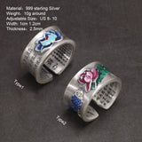 Real S999 Sterling Silver Lotus Fish Ring for Men and Women Enamel Bluing Sutra Buddha Ring Buddhist Jewelry Adjustable Size