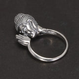 Sterling Silver 925 Buddha Head Ring for Women and Men Praying for Luck Ring Adjustable Buddhist Jewelry