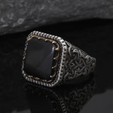 Solid S925 Silver Vintage Natural Stone Signet Ring Red Black Agate Green Jade Flower Engraved Fashion Turkish Wedding Jewelry