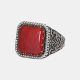 Natural Red Green Jade Ring 925 Silver for Men and Women Antique Flower Pattern Square Shape Signet Fine Jewelry