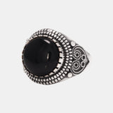 Real Pure 925 Silver Ring for Men Round Stone Natural Black Agate Antique Heart Pattern Fine Jewelry