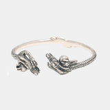 Real 925 Sterling Silver Dragon Claw Bracelet Vintage Punk Style Double Dragon Play Beads Open Bangle Jewelry