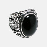 Real Solid 925 Sterling Silver Black Ring Men Vintage Hollow Flowers Rings Open Natural Onyx Stone Large Oval Shape Male Jewelry