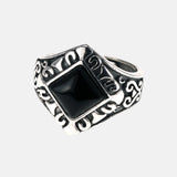 Solid 925 Sterling Silver Retro Punk Women Rings With Natural Black Agate Square Stone Engraved Antique Flowers