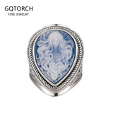 Genuine 925 Sterling Silver Blue Agate Medusa Cameo Ring for Women White Shell Statement Ring Vintage Fashion Party Jewelry