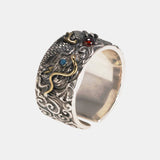 925 Sterling Silver Men's Eagle Dragon Ring with Natural Garnet Turquoise Retro Punk Cloud Silver Adjustable Fashion Jewelry