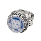 925 Sterling Silver Blue Agate Cameo Cat Ring for Women Round Cute Statement Ring Fashion Delicate Party Jewelry Gift