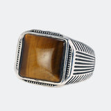 Authentic Sterling Silver 925 Man Ring With Tiger Eyes Fine Jewelry Stripe Pattern Natural Stone Cool Retro Punk Ringen