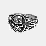 Real S925 Sterling Silver Vintage Skeleton Ring for Men with Hellfire Pattern Embossed Punk Hip Hop Rock Skull Fine Jewelry