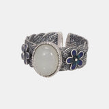 Vintage 925 Sterling Silver Flower Ring for Women Natural Jade Stone Braided Open Fine Jewellery