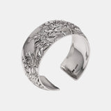 Women's 999 Sterling Silver Bracelet Open Cuff Retro Exaggerated Wide Bangle Peony Flower Gift Personalized Jewelry