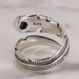 Real 925 Sterling Silver Rings For Men And Women Vintage Feather Ring With Natural Stone Jewelry Adjustable Opening Type