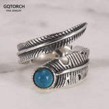 Real 925 Sterling Silver Rings For Men And Women Vintage Feather Ring With Natural Stone Jewelry Adjustable Opening Type