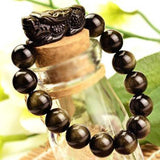 Natural Obsidian Beads Bracelet Gold Color Energy Stone Hand String Pixiu Lucky Brave Troops Women Men Jewelry