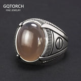 Guaranteed S925 Silver Turkish Wedding Rings for Men with Oval Original Agate Stone Antique Punk Male Jewelry