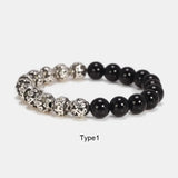 8mm Natural Black Onyx and OM Mantra Beads Bracelet Men's Women's Elastic String White Copper Sutra Prayer Buddhist Jewelry