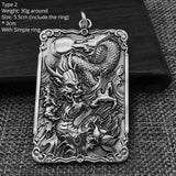 Sterling Silver 990 Vintage Auspicious Clouds Square Pendant for Men Carved Dragon Design Retro Punk Rock Pendant Male Jewelry