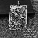 Sterling Silver 990 Vintage Auspicious Clouds Square Pendant for Men Carved Dragon Design Retro Punk Rock Pendant Male Jewelry