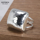 2022 Trendy Jewelry 925 Sterling Silver Chunky Rings Earrings Set For Women Hammered Exaggerated Square Ring Opening Type