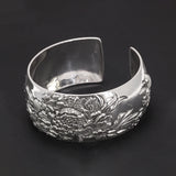 Women's 999 Sterling Silver Bracelet Open Cuff Retro Exaggerated Wide Bangle Peony Flower Gift Personalized Jewelry