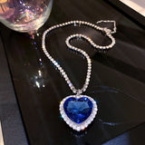 Real 925 Sterling Silver The Heart of the Ocean Necklace Blue Created Diamond Zircon Titanic Pendant Sweater Chain Adjustable