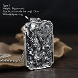 Sterling Silver 990 Vintage Auspicious Clouds Square Pendant for Men Carved Dragon Design Retro Punk Rock Pendant Male Jewelry