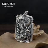 Sterling Silver 990 Vintage Auspicious Clouds Square Pendant for Men Carved Dragon Design Retro Punk Rock Pendant Male Jewelry