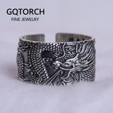 Real 925 Pure Silver Mens Biker Rings With Flying Dragon Vintage Punk Style Heart Sutra Engraved Buddhism Animal Jewelry