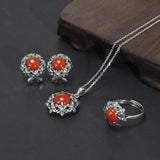 925 Sterling Silver Plum Blossom Jewelry Set for Women with Natural Jade Agate Flower Rings Earrings Necklace Wedding Bride