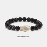 8mm Natural Stone Obsidian Tiger Eye Bracelet 999 Sterling Silver Irregular Shape Aerolite Charm Hand Beaded Feng Shui Bracelet