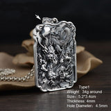 Sterling Silver 990 Vintage Auspicious Clouds Square Pendant for Men Carved Dragon Design Retro Punk Rock Pendant Male Jewelry