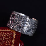 Real 925 Pure Silver Mens Biker Rings With Flying Dragon Vintage Punk Style Heart Sutra Engraved Buddhism Animal Jewelry