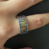 3D Wood Grain Inlaid Gold Leaf Opening Rings Genuine 925 Sterling Silver Men and Women Retro Antique Jewelry