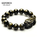 Natural Obsidian Beads Bracelet Gold Color Energy Stone Hand String Pixiu Lucky Brave Troops Women Men Jewelry