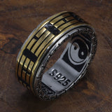 Real 925 Sterling Silver Rings For Men Spinner Rotatable Carving Taiji Bagua Yin Yang With Vintage Great Wall Pattern