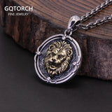 Real 925 Sterling Silver Lion Head Round Pendant Necklace for Men Brass (Yellow Part) Animal Punk Jewelry