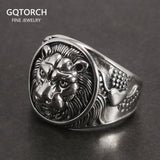 Solid 925 Sterling Silver Mens Lion Ring Vintage Steampunk Retro Biker Rings For Men Trees Deers Engraved Male Jewelry