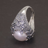 Real 925 Sterling Silver Baroque Pearl Ring Flower Branch Round Natural Freshwater Vintage Palace Jewelry