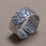 Real 925 Sterling Silver Lotus Rings For Men And Women HEART SUTRA Scriptures Engraved Buddhism Jewelry Size 5-13