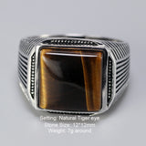 Authentic Sterling Silver 925 Man Ring With Tiger Eyes Fine Jewelry Stripe Pattern Natural Stone Cool Retro Punk Ringen